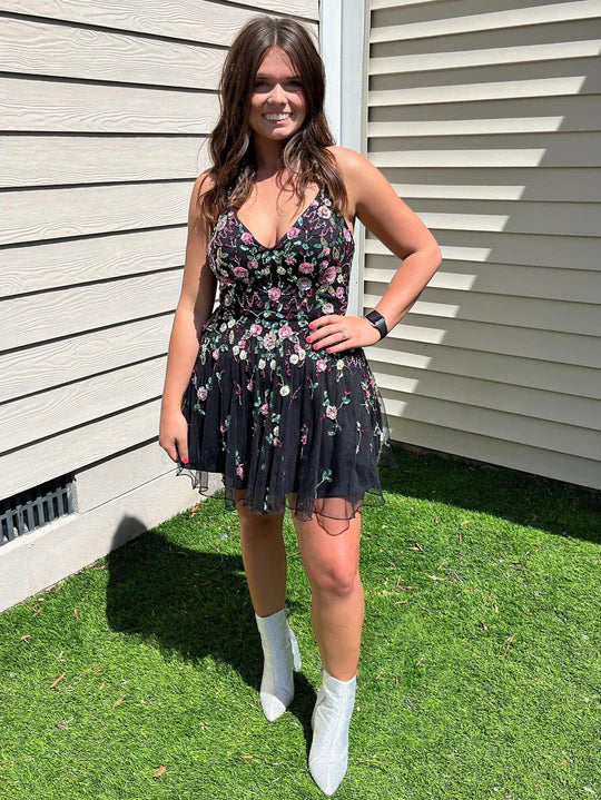 V Neck A Line Flower Homecoming Dress