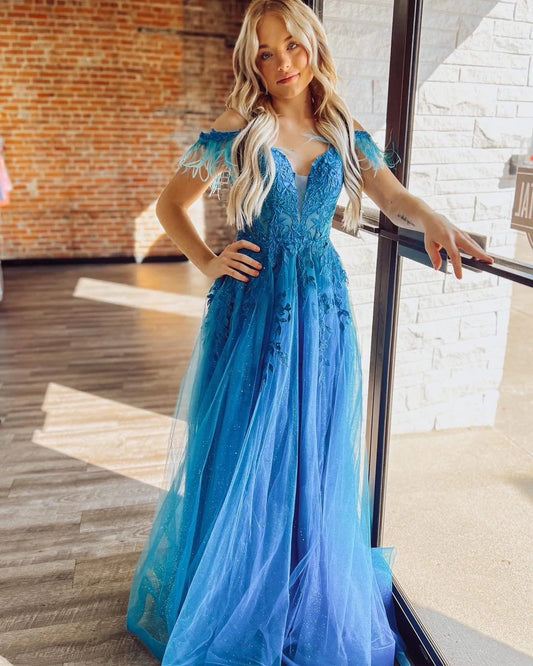 A-line Off The Shoulder Appliqué Long Prom Dress With Feather