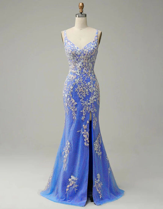 Mermaid V-neck Tulle Glitter Appliques Prom Dresses With Slit