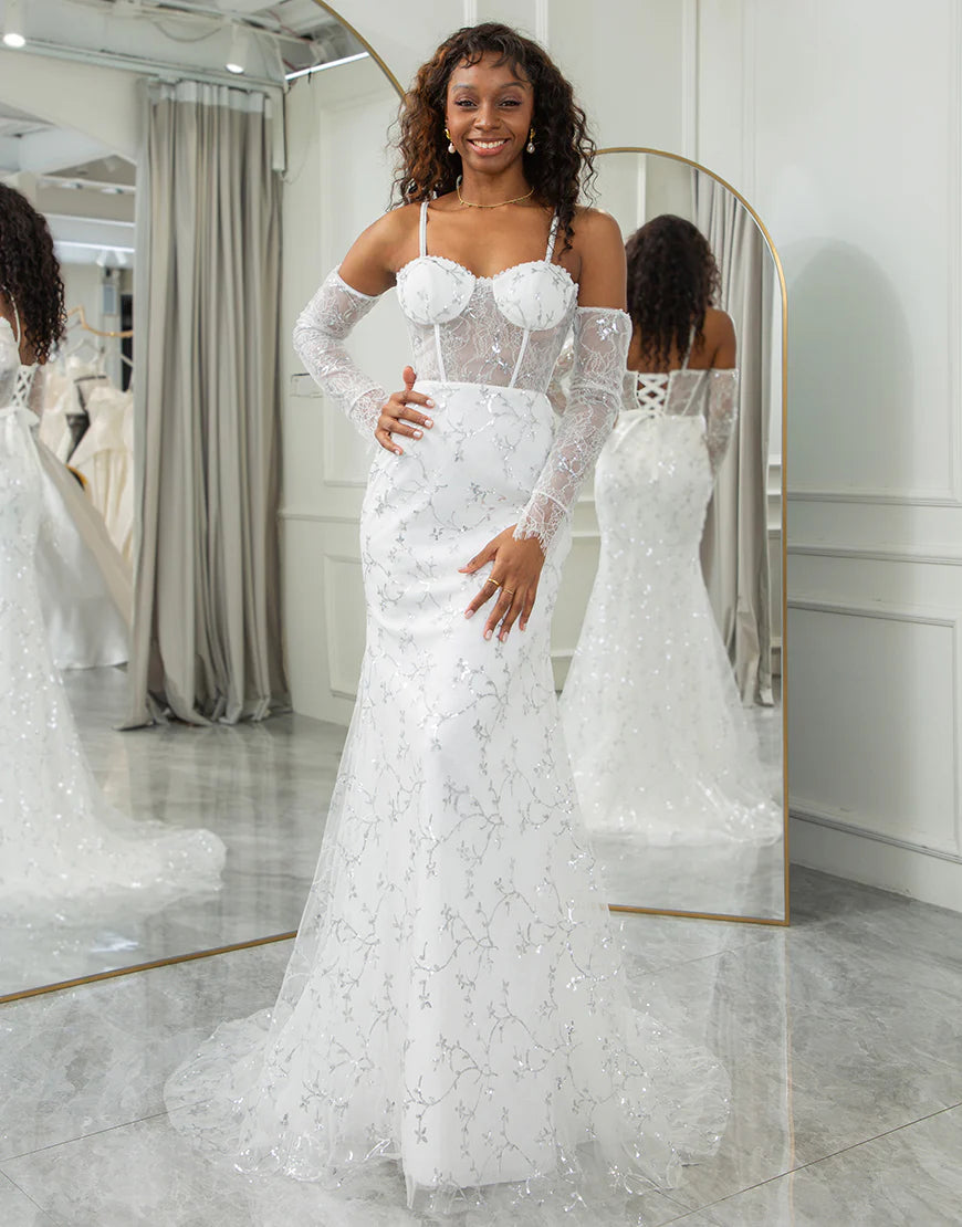 Mermaid Spaghetti Straps Lace Chapel Train Sparkly Bridal Dresses With Slit