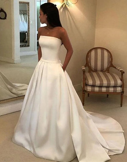Strapless A Line Chapel Train Long Bridal Dress