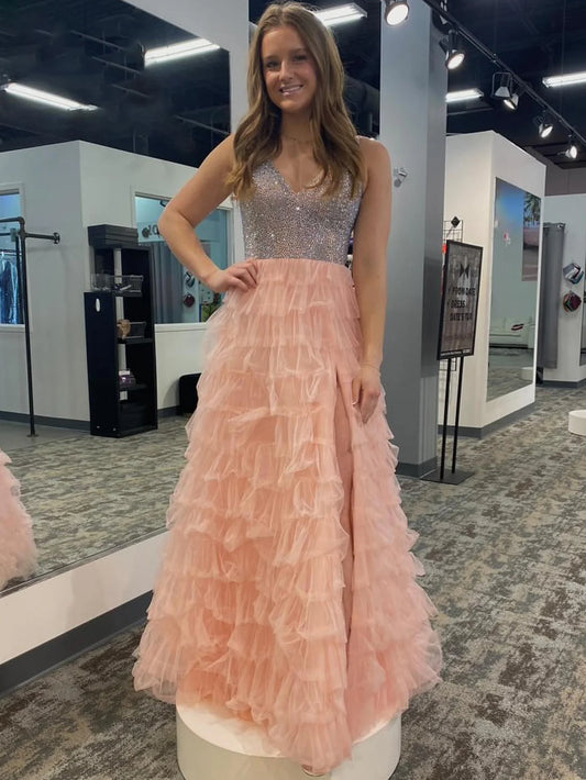 V Neck A Line Long Prom Dress With Beading