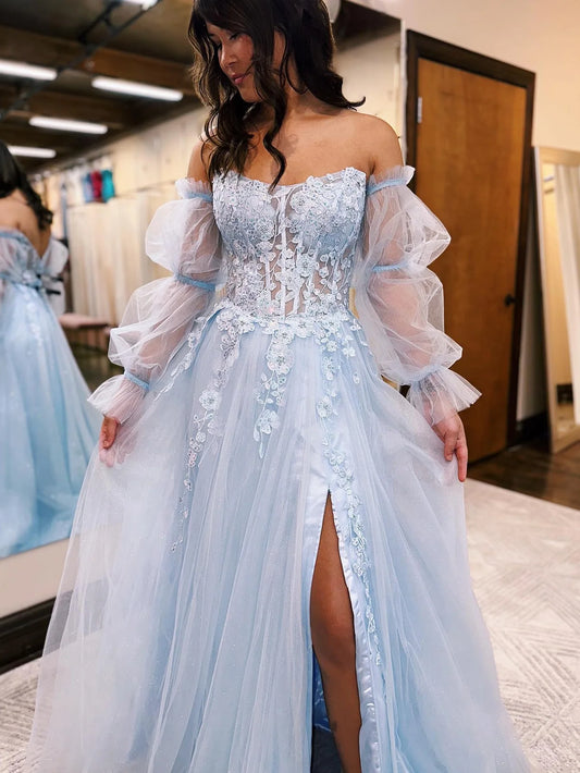 Tulle Long Sleeves Long Prom Dress With Appliques