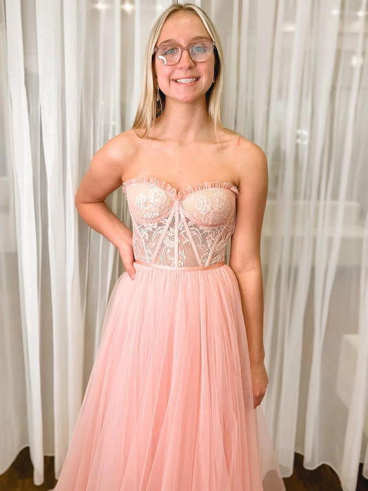 Strapless Lace A Line Long Prom Dress