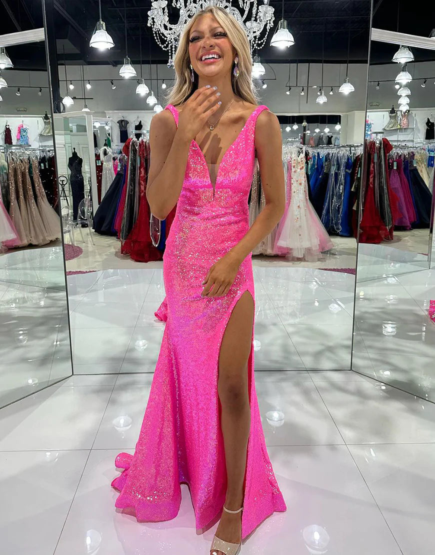 Sparkly Mermaid V Neck Sequins Long Prom Dresses with Slit