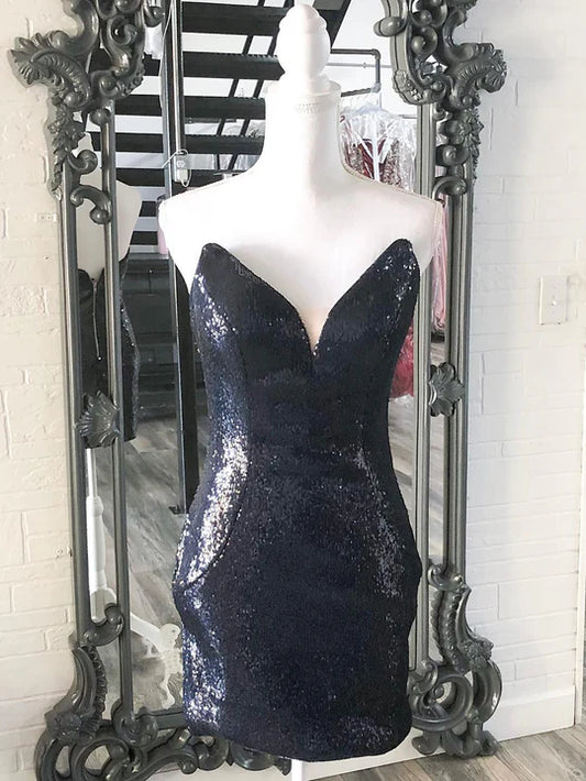 V Neck Strapless Sequin Sheath Homecoming Dress