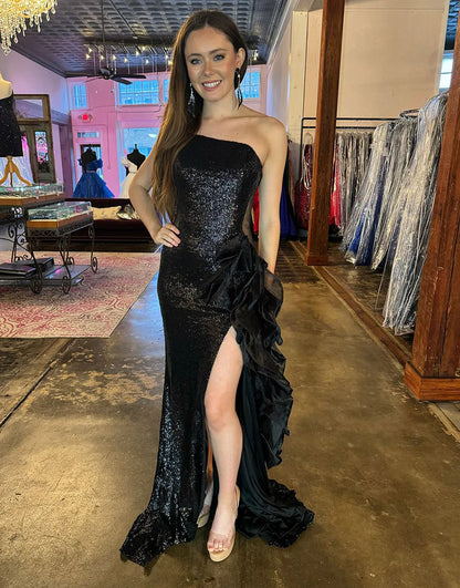 Sequin Mesh One Shoulder Ruffle Long Prom Dress with Slit