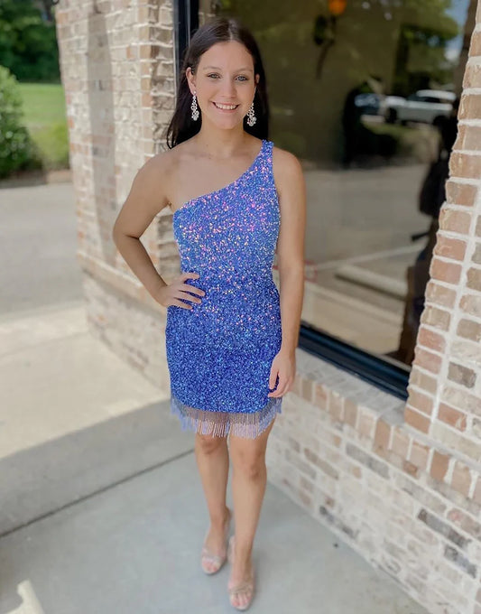 One Shoulder Sequin Homecoming Dress With Tassels