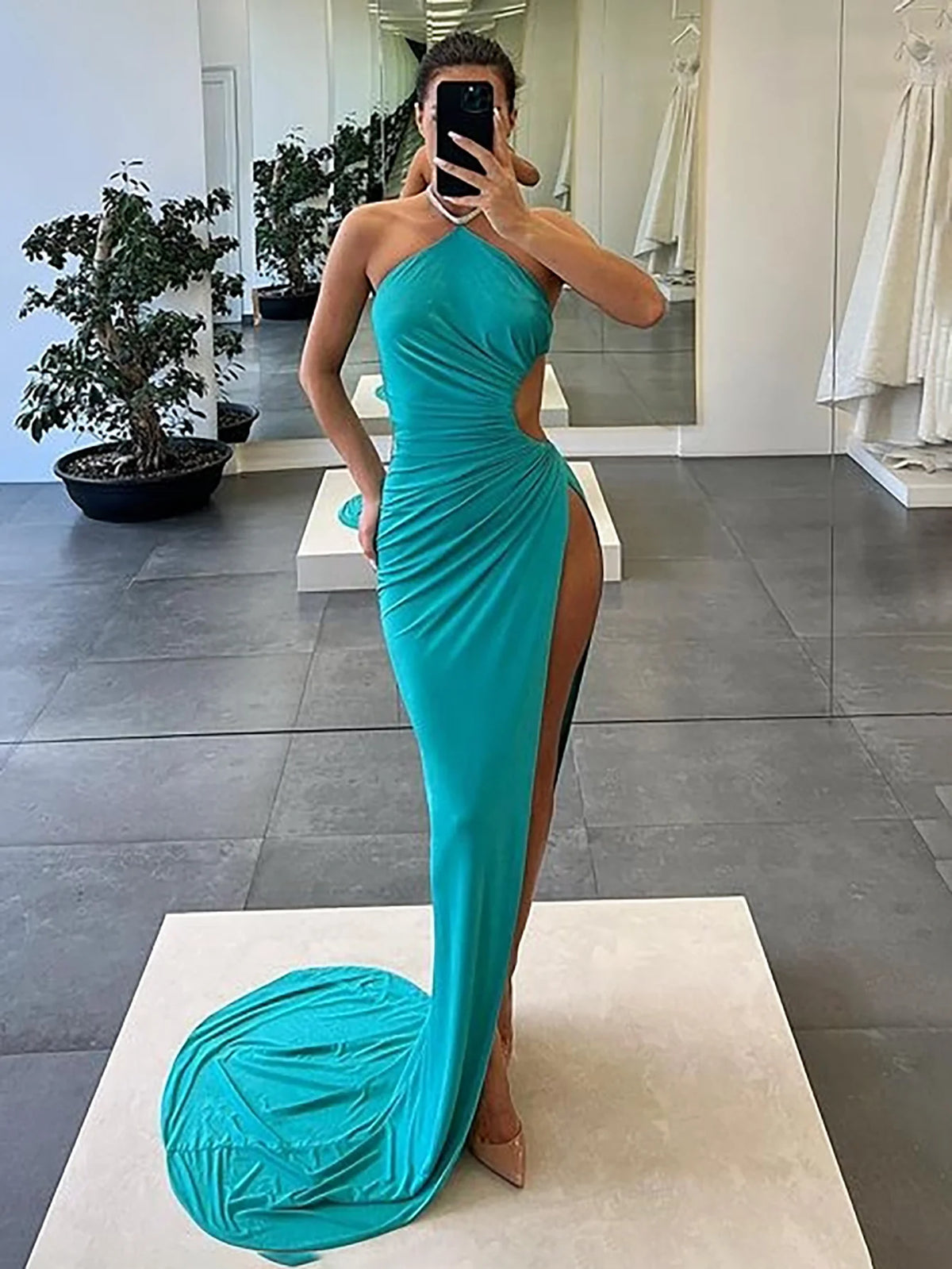 Halter Mermaid Cut Out Long Prom Dress