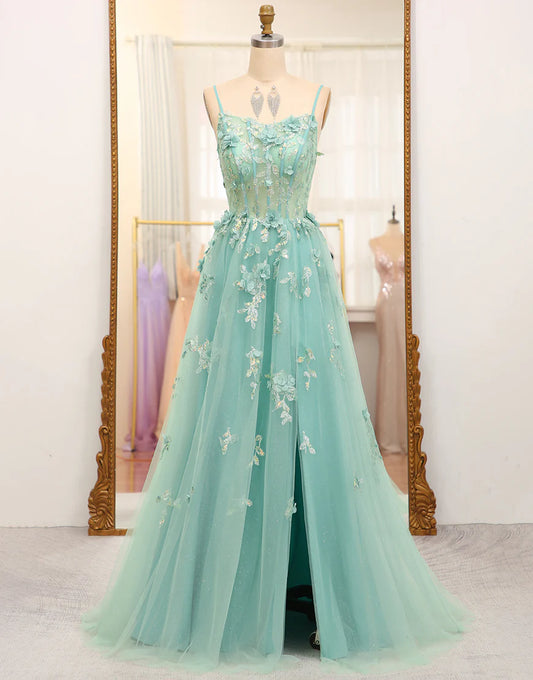 A Line Tulle Appliqued Long Prom Dress With Slit