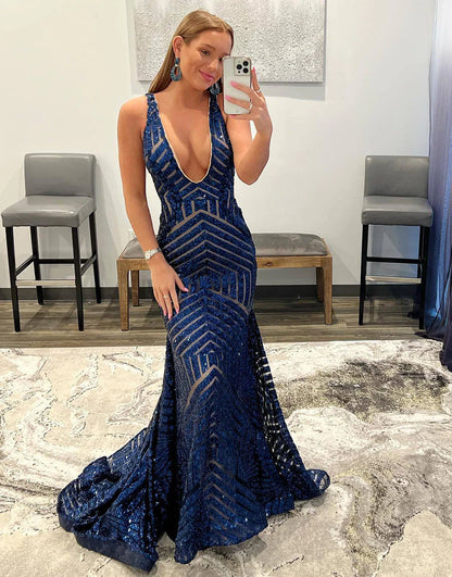 Elegant V-neck Sequin Mermaid Long Prom Dress