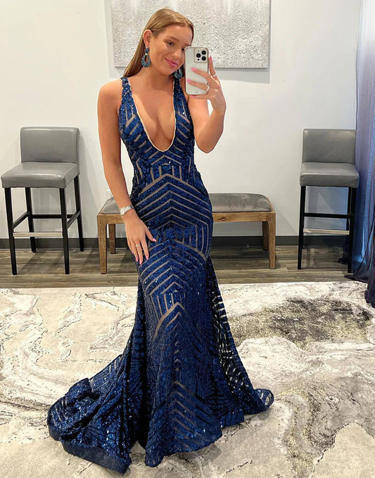 Elegant V-neck Sequin Mermaid Long Prom Dress