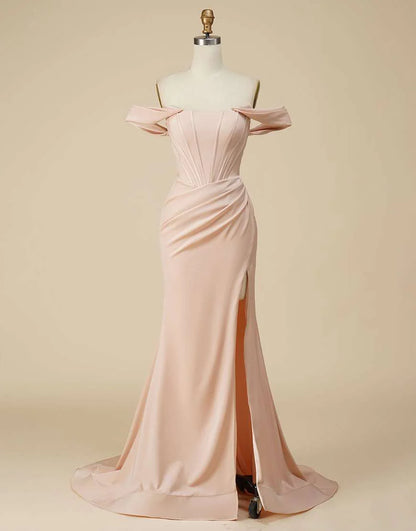 Off the Shoulder Satin Side Slit Long Prom Dress
