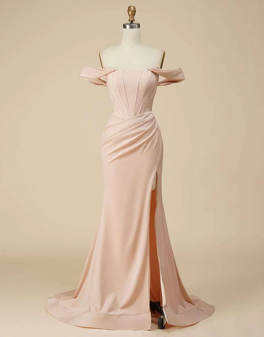 Off the Shoulder Satin Side Slit Long Prom Dress