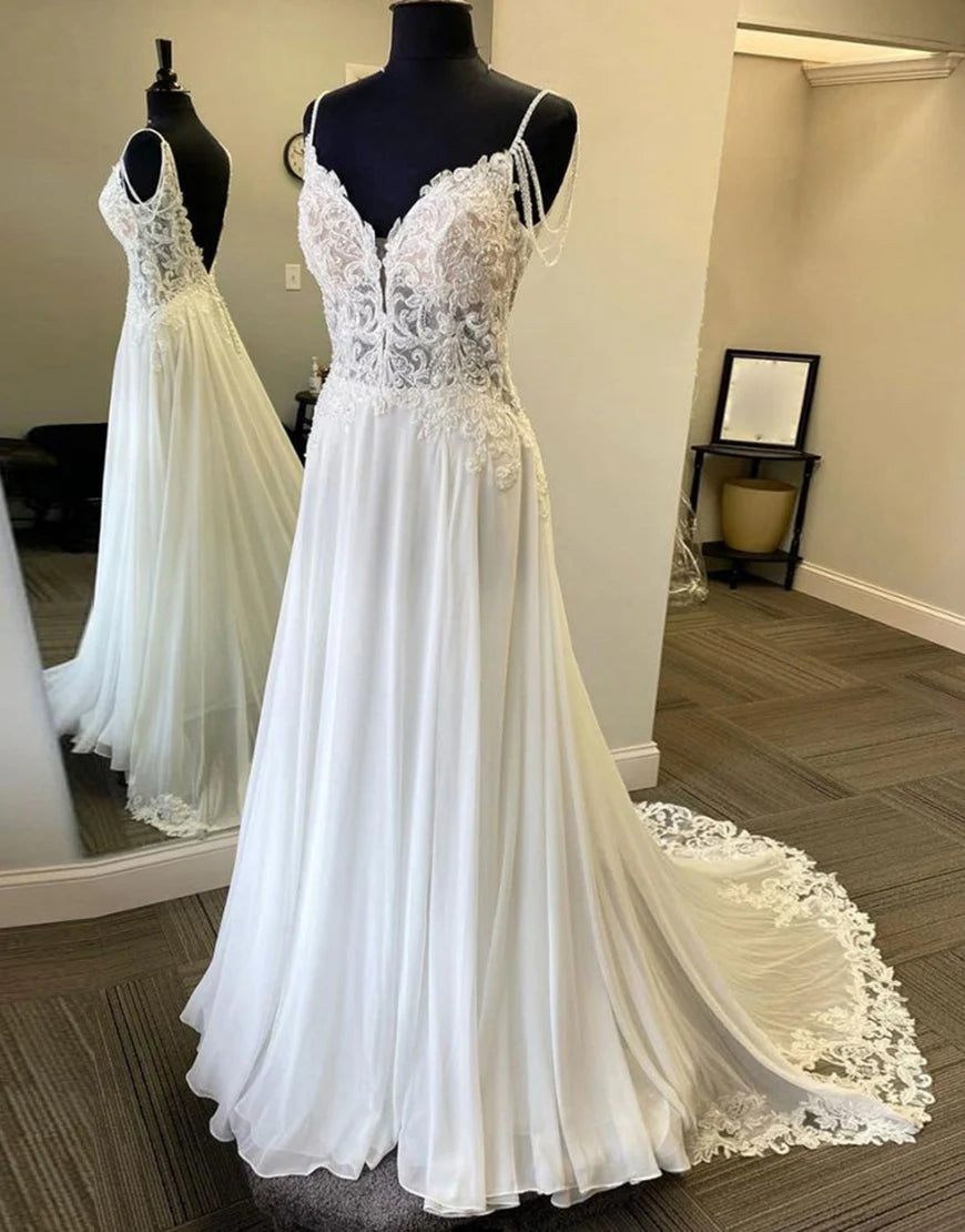 Spaghetti Straps Open Back Long Bridal Dress