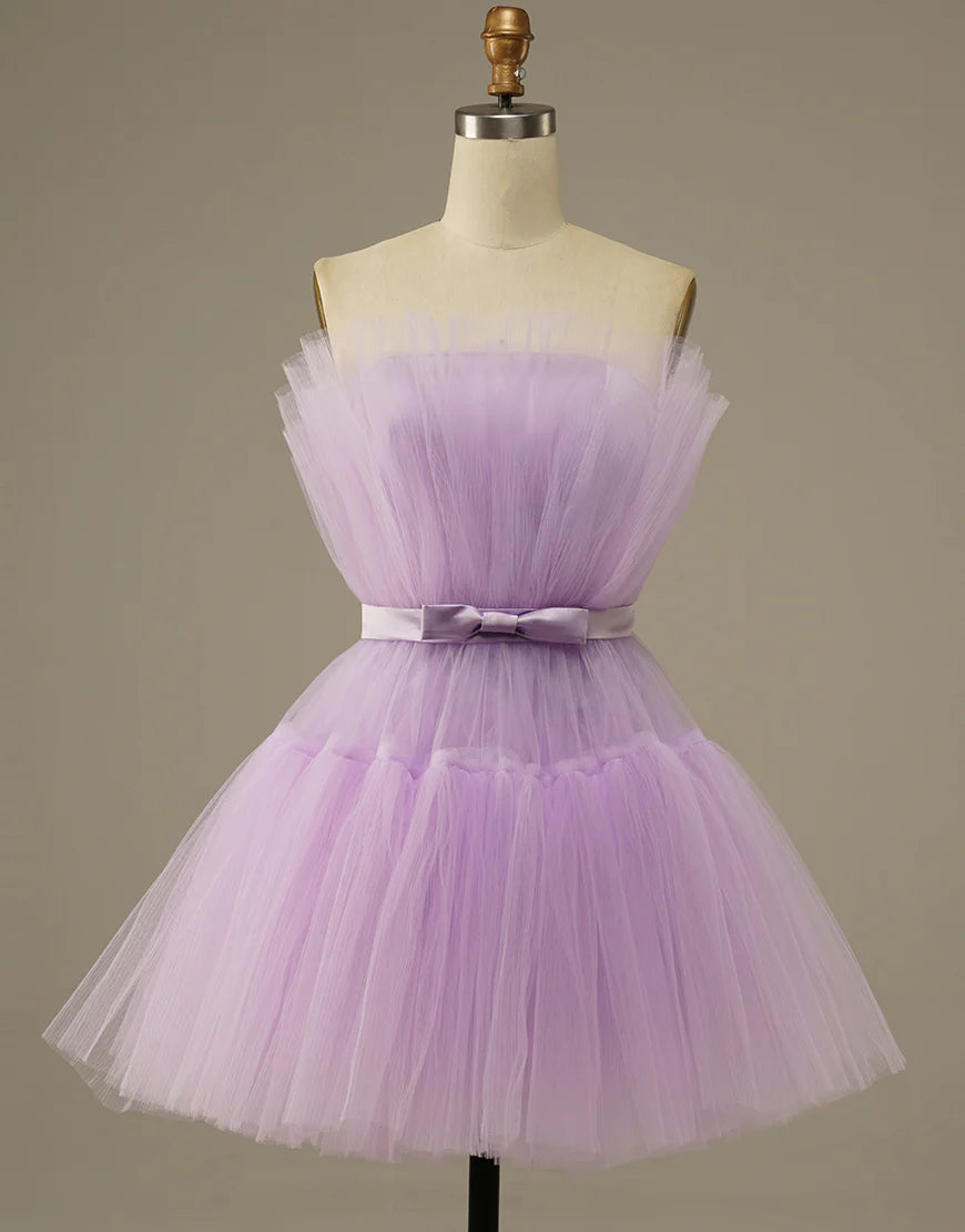 Purple Strapless Off-the-Shoulder Tulle Homecoming Dress