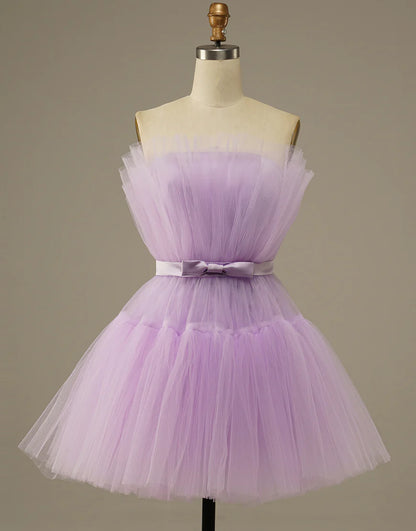Purple Strapless Off-the-Shoulder Tulle Homecoming Dress