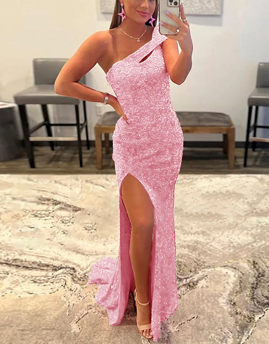 Mermaid One Shoulder Sequins Prom Dress With Slit