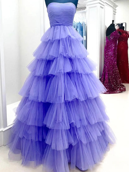 Strapless Tulle Sleeveless Princess Long Prom Dress