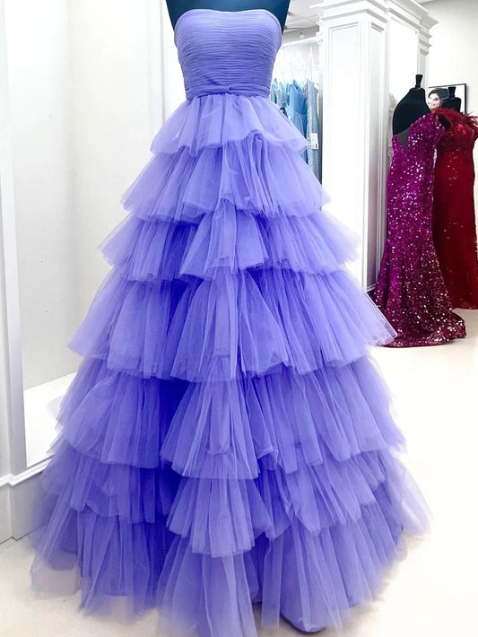 Strapless Tulle Sleeveless Princess Long Prom Dress