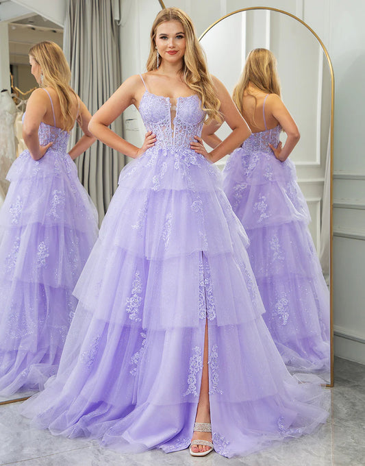 A Line Appliqued Long Prom Dress With Slit