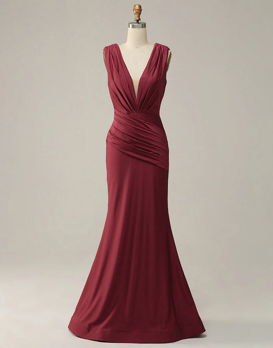 Mermaid Deep V Neck Burgundy Sleeveless Long Prom Dress