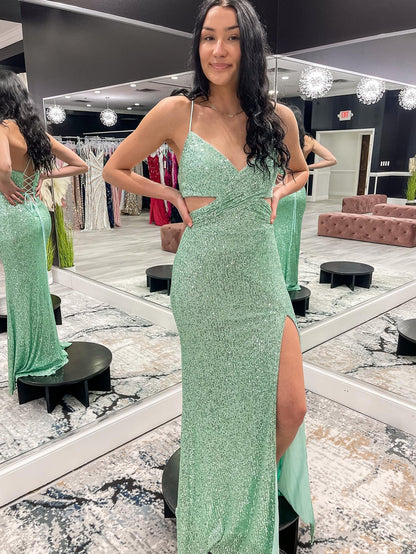 Halter Cut Out Glitter Sheath Prom Dress