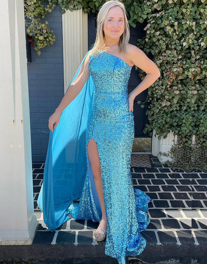One Shoulder Sequin Prom Dress with Floating Sleeves