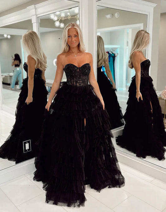 Tulle Strapless Long Prom Dress With Applique