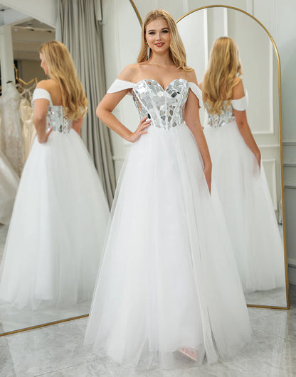 A Line Off the Shoulder Long Mirror Prom Dress