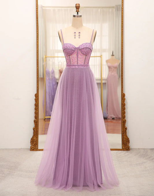 A-Line Lilac Spaghetti Straps Long Corset Prom Dress