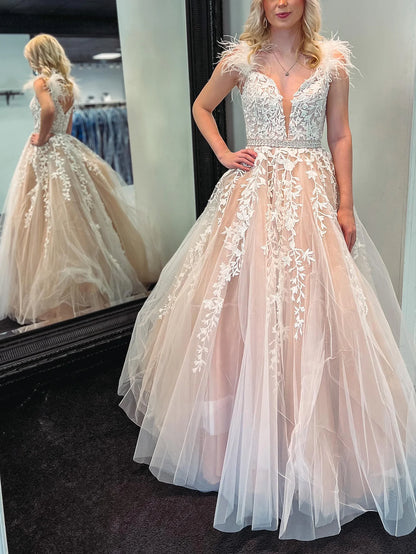 A Line Deep V Neck Appliques Prom Dress With Feathers