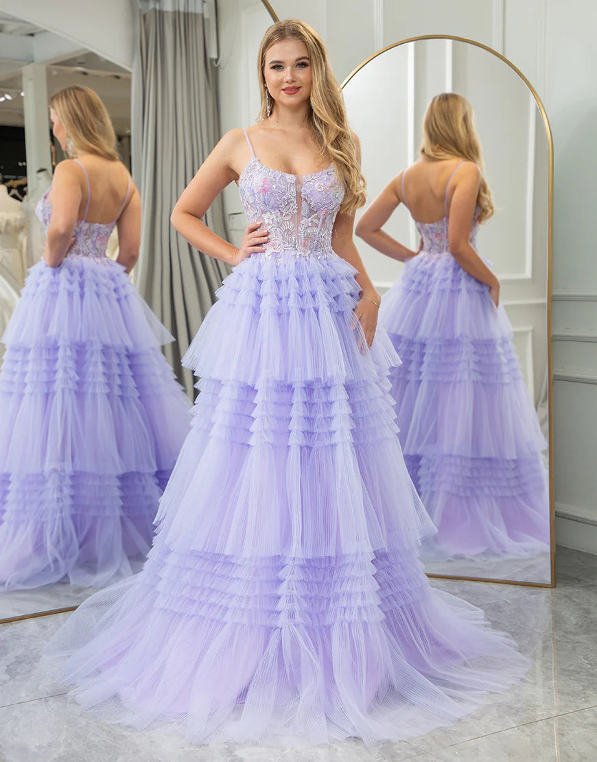 A Line Tiered Tulle Long Prom Dress With Beaded Flower Appliques