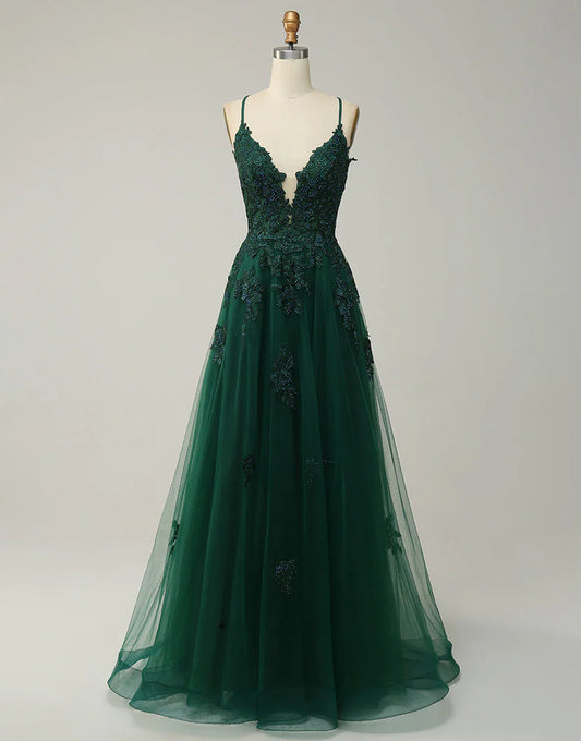 A-Line Tulle Appliques Long Prom Dress With Slit