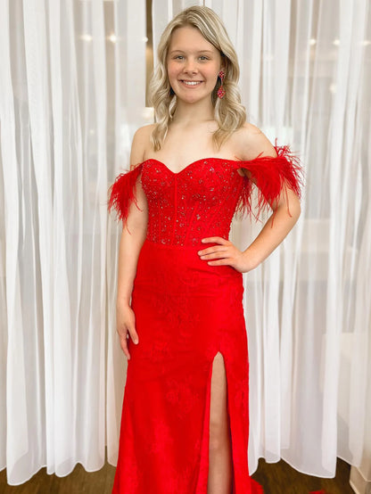 Off the Shoulder Prom Dress With Feathers