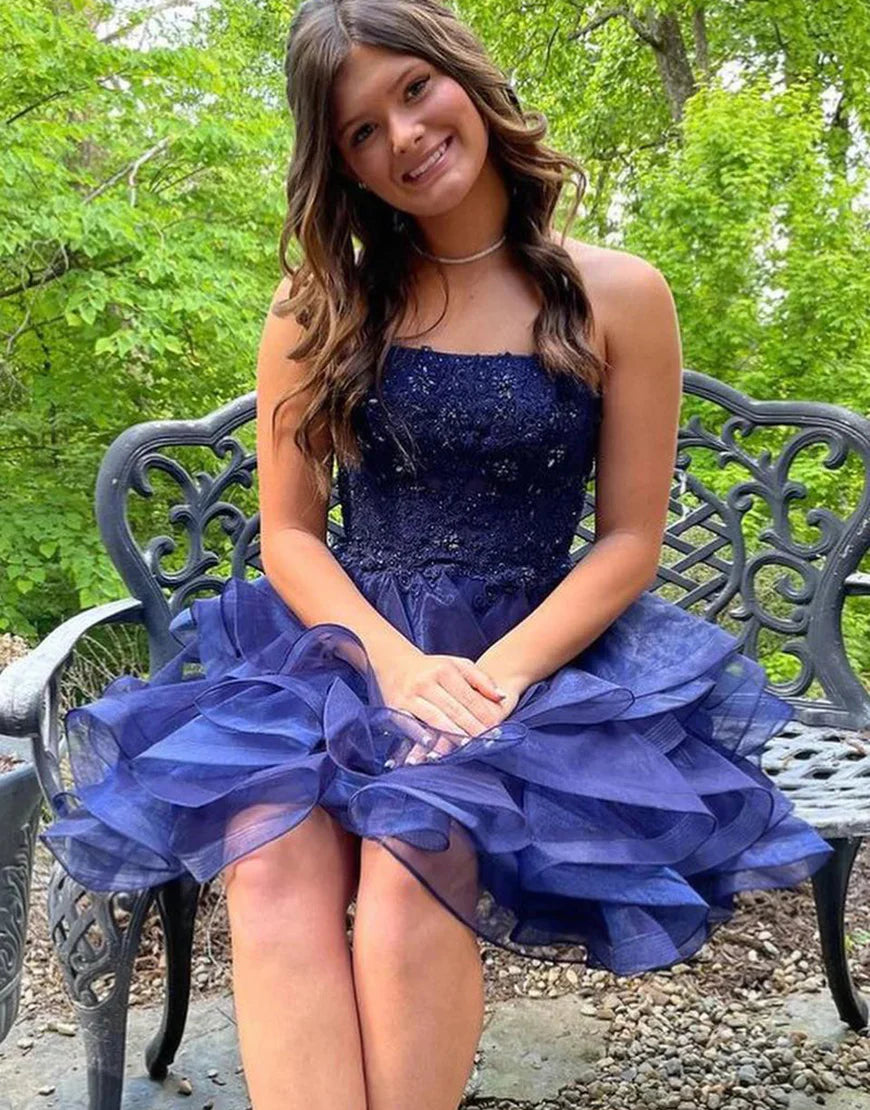 A Line Tulle Tiered Homecming Dress with Appliques