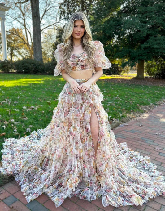 A Line Two Pieces Set Tulle Long Prom Dress