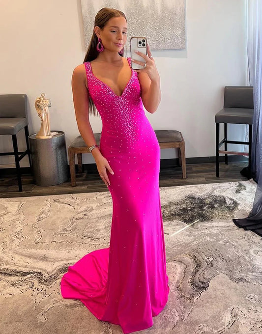 Fuchsia V-Neck Spaghetti Strap Mermaid Prom Dress with Beading