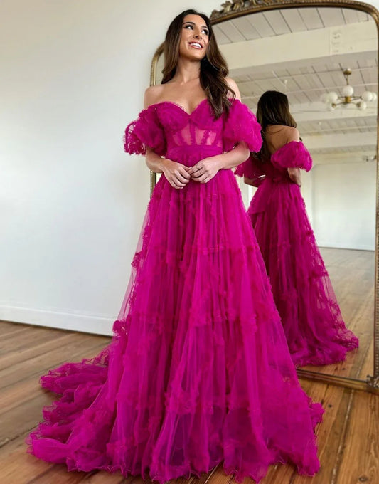 A Line Off The Shoulder Tulle Long Prom Dress