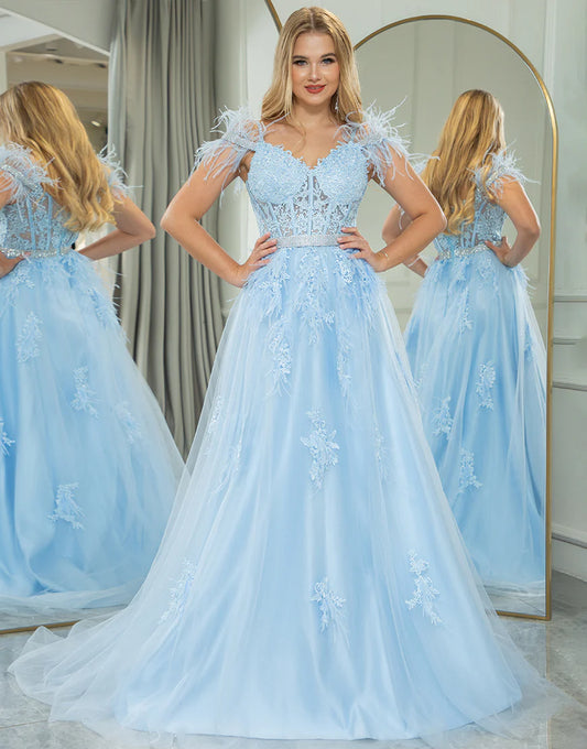 A Line Long Prom Dress With Feathers