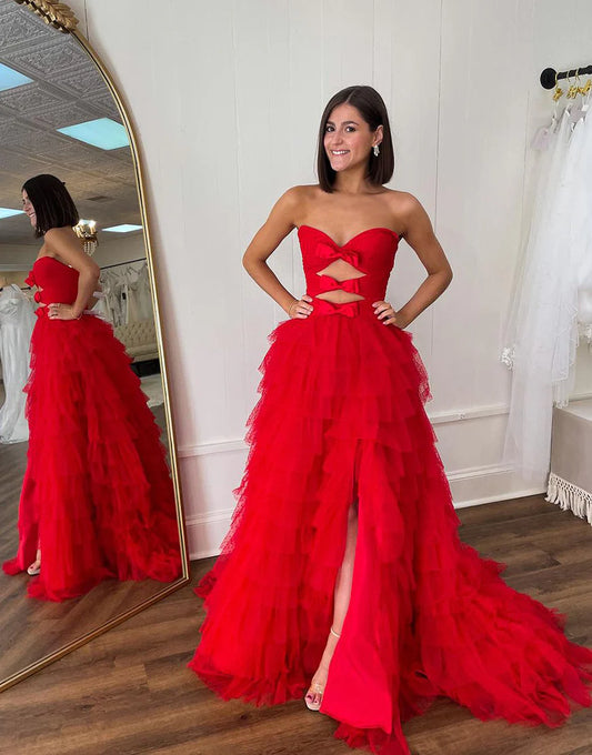 A Line Strapless Keyholes Ruffle Tiered Prom Dress With Slit