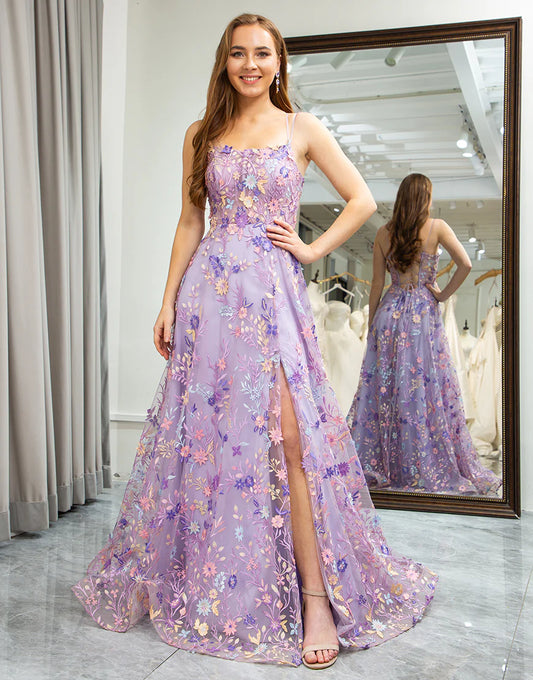 A Line Spaghetti Strap Appliqued Long Prom Dress With Slit