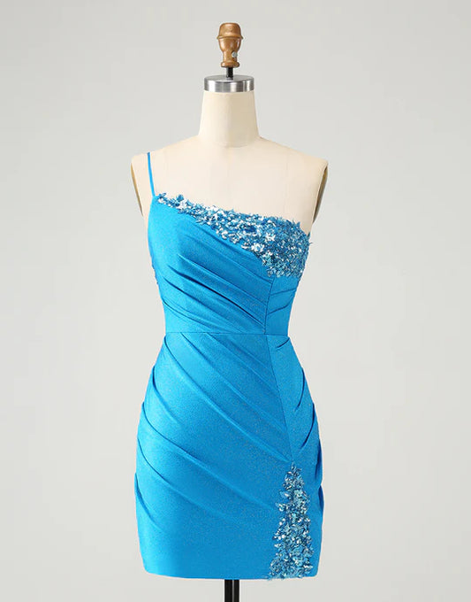 Bodycon One Shoulder Ruched Satin Homecoming Dress with Sequins