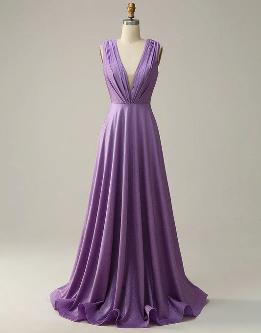 A Line Deep V Neck Purple Sleeveless Long Prom Dress