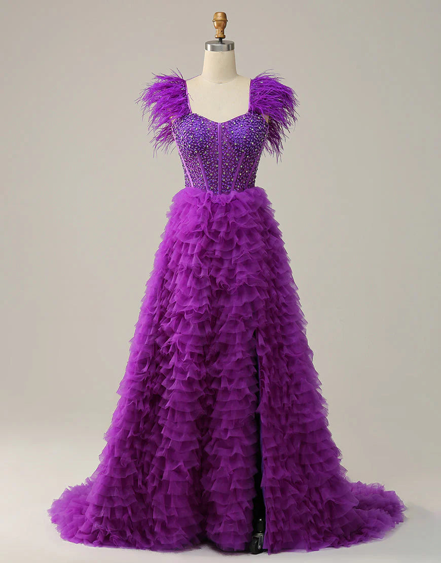 A Line Sweetheart Purple Long Prom Dress with Beading Feathers