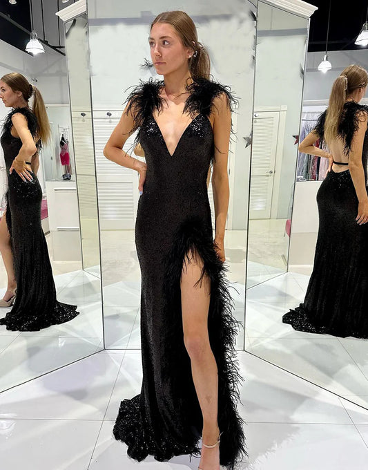 Mermaid Sequin V-Neck Long Prom Dress with Feathers