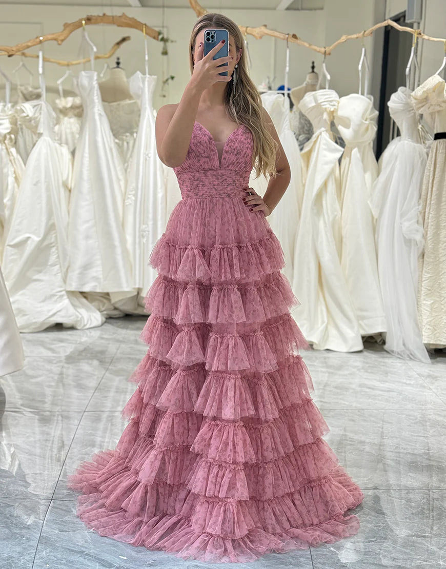 A Line Backless Tiered Long Prom Dress