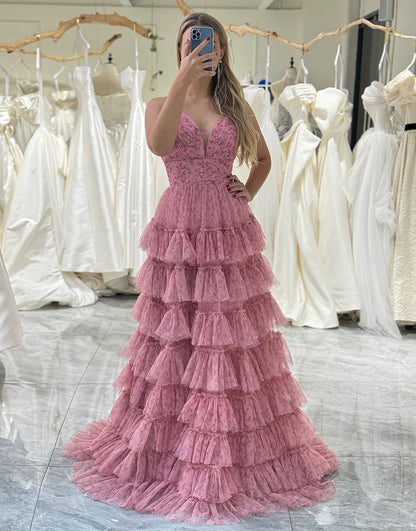 A Line Backless Tiered Long Prom Dress