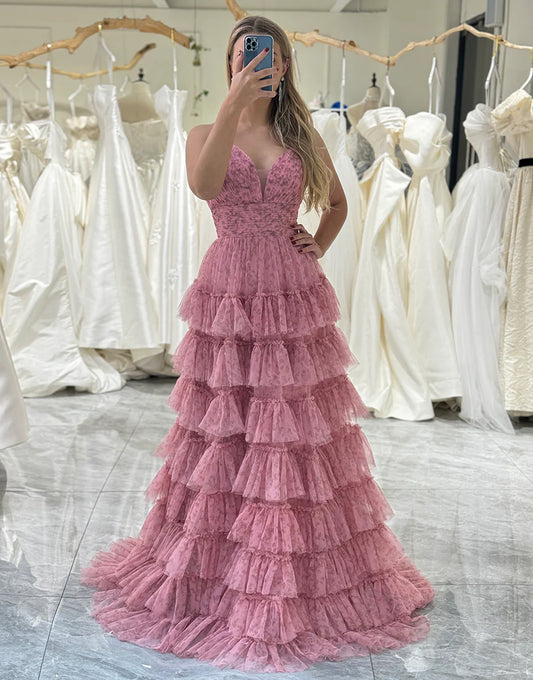 A Line Backless Tiered Long Prom Dress