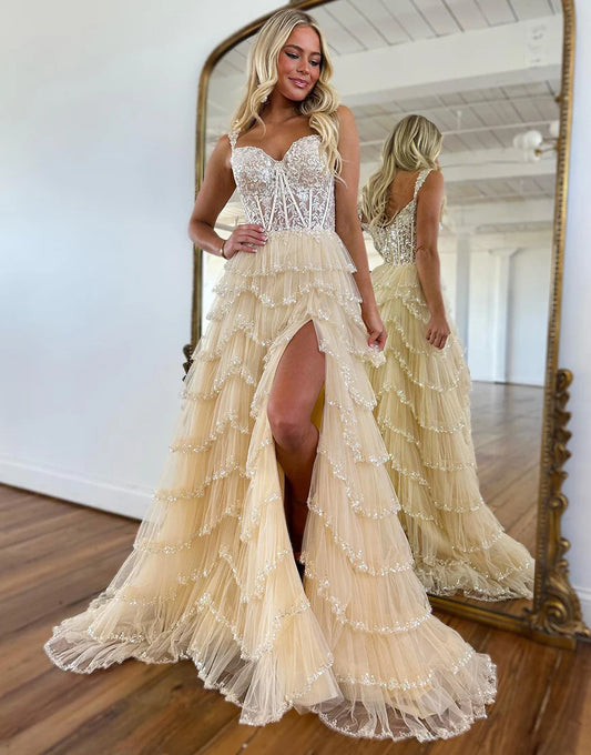 A-Line Sweetheart Tulle Appliques Prom Dresses with Slit
